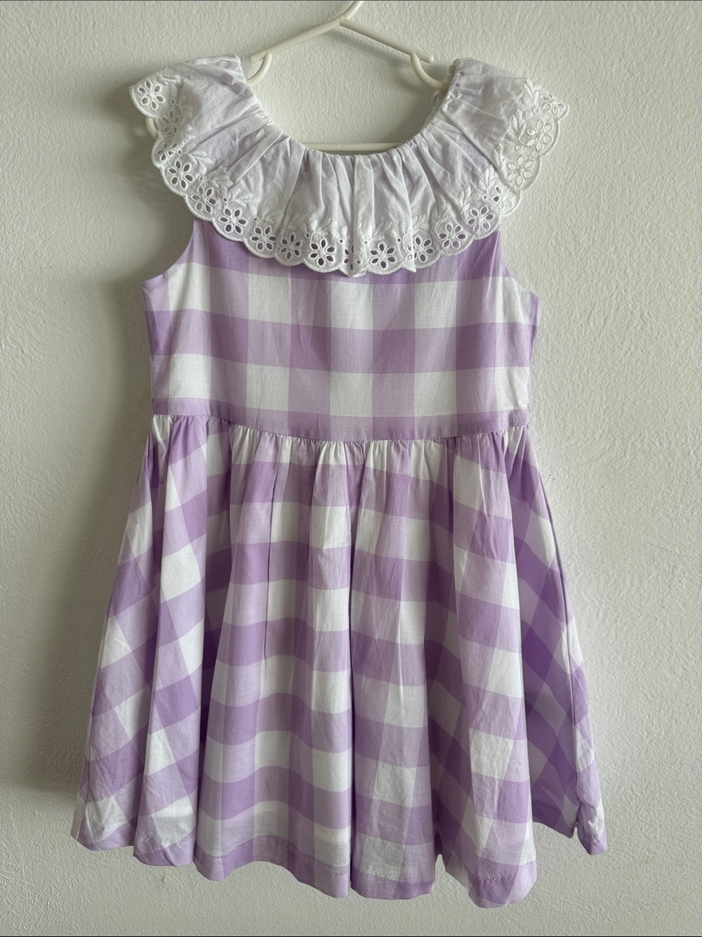 Janie and Jack Girls Lavender and White Gingham Dress with Eyelet Collar